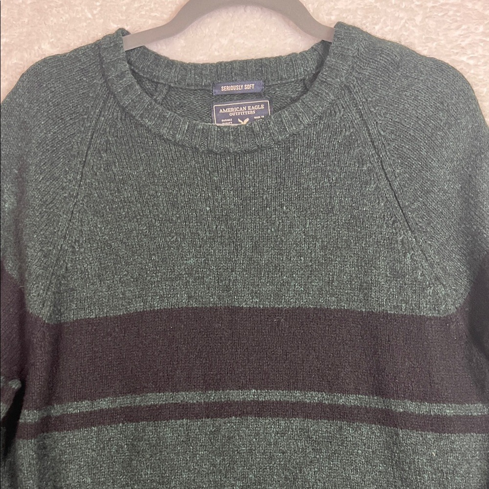 American Eagle Mens Seriously Soft Wool‎ Blend Striped Crewneck Sweater Green L - Picture 3 of 7